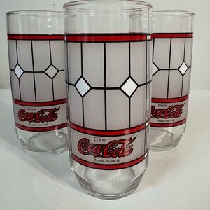 Coca Cola Clear Glasses with Red, Black & White Geometric Band - Set of 3